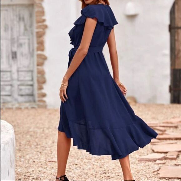 New Navy Blue V Neck Cap Sleeve Ruffle Hem Belted Wrap Midi Dress - Picture 3 of 7